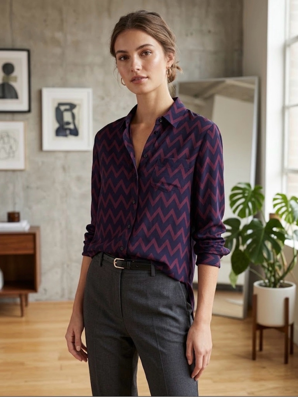 Joseph 100% Silk Navy & Purple Chevron Button Down Shirt